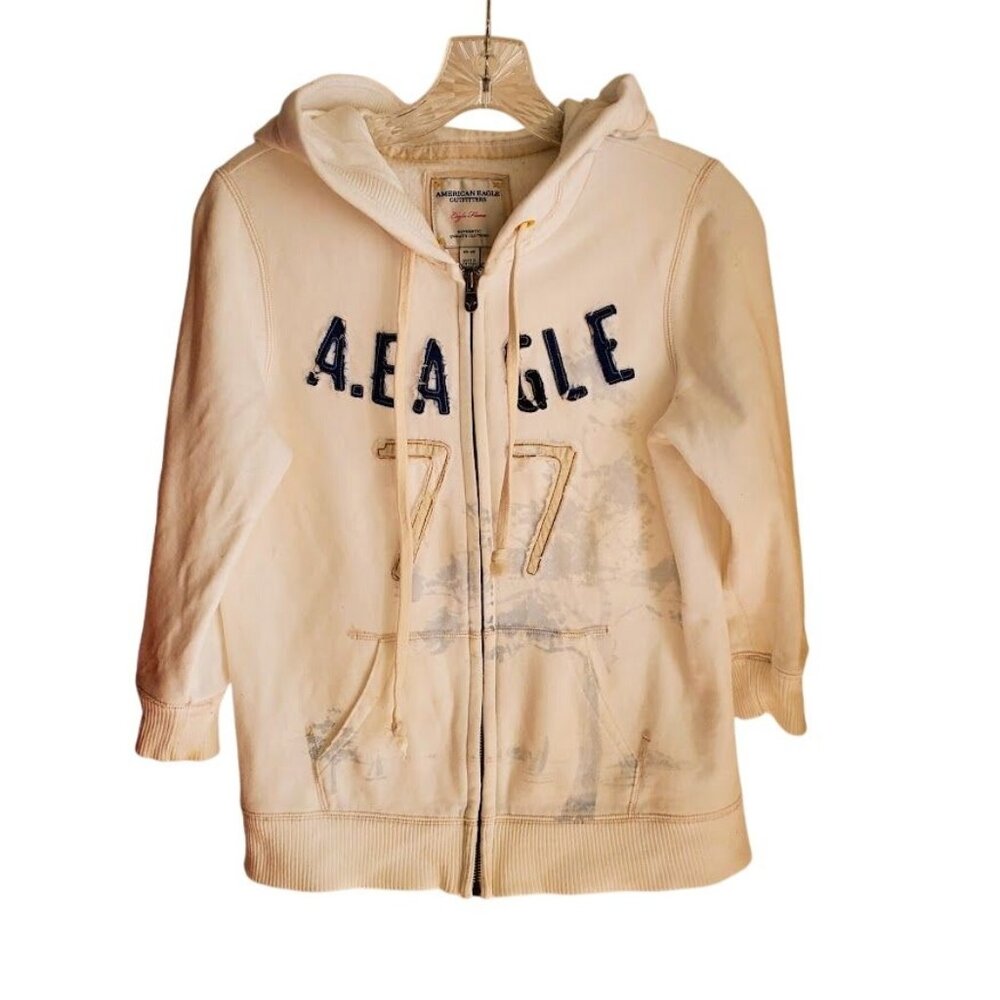 Vintage American Eagle Eagle Fleece Zip Hoodie Cream AEO 77 Graphic Size M